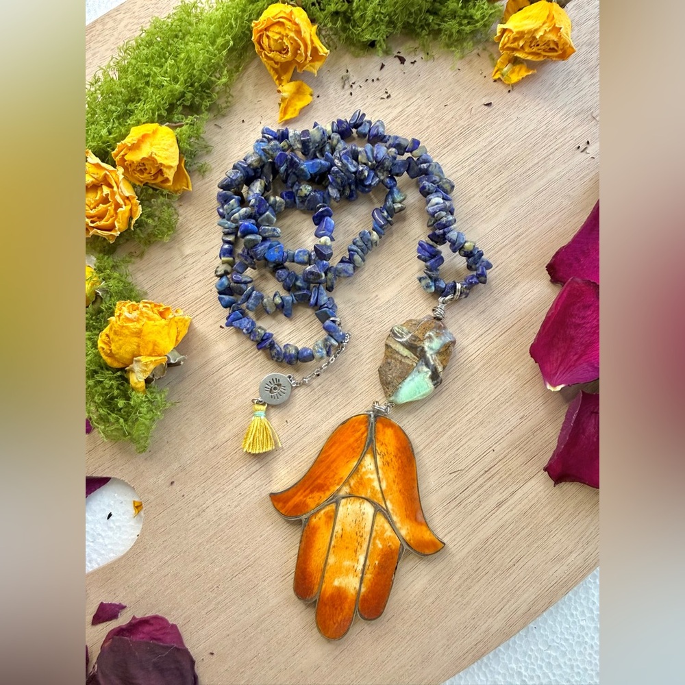 Lapis Lazuli & Chrysoprase Necklace with Hamsa Charm - Picture 5 of 5